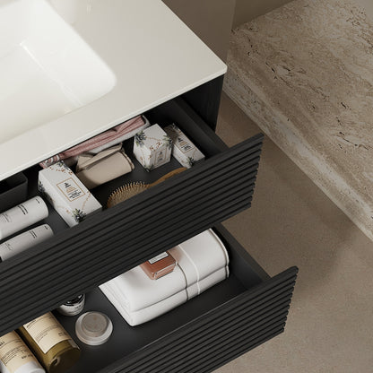 BRON 36" Bathroom Vanity with Sink, Modern Wall-Mounted Floating Plywood Bathroom Cabinet with 2 Drawers, White Ceramic Basin with Sink Hole Cover and Drain, Pre-assembled, Dark Oak Woodgrain Color image 2