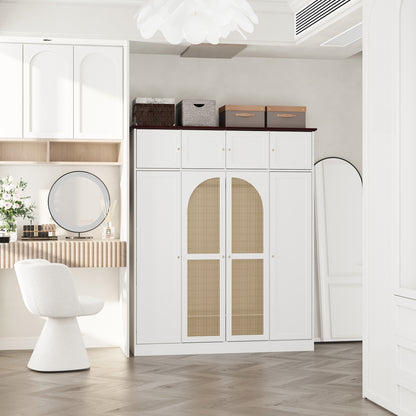 70.87"Tall 8-Door Large Capacity Armoire Wardrobe Closet with Hanging Rod, Adjustable Shelves and Rattan Decorative Doors, Clothing Storage Cabinet for Bedroom, walk-in closet, Living Room, White image 5