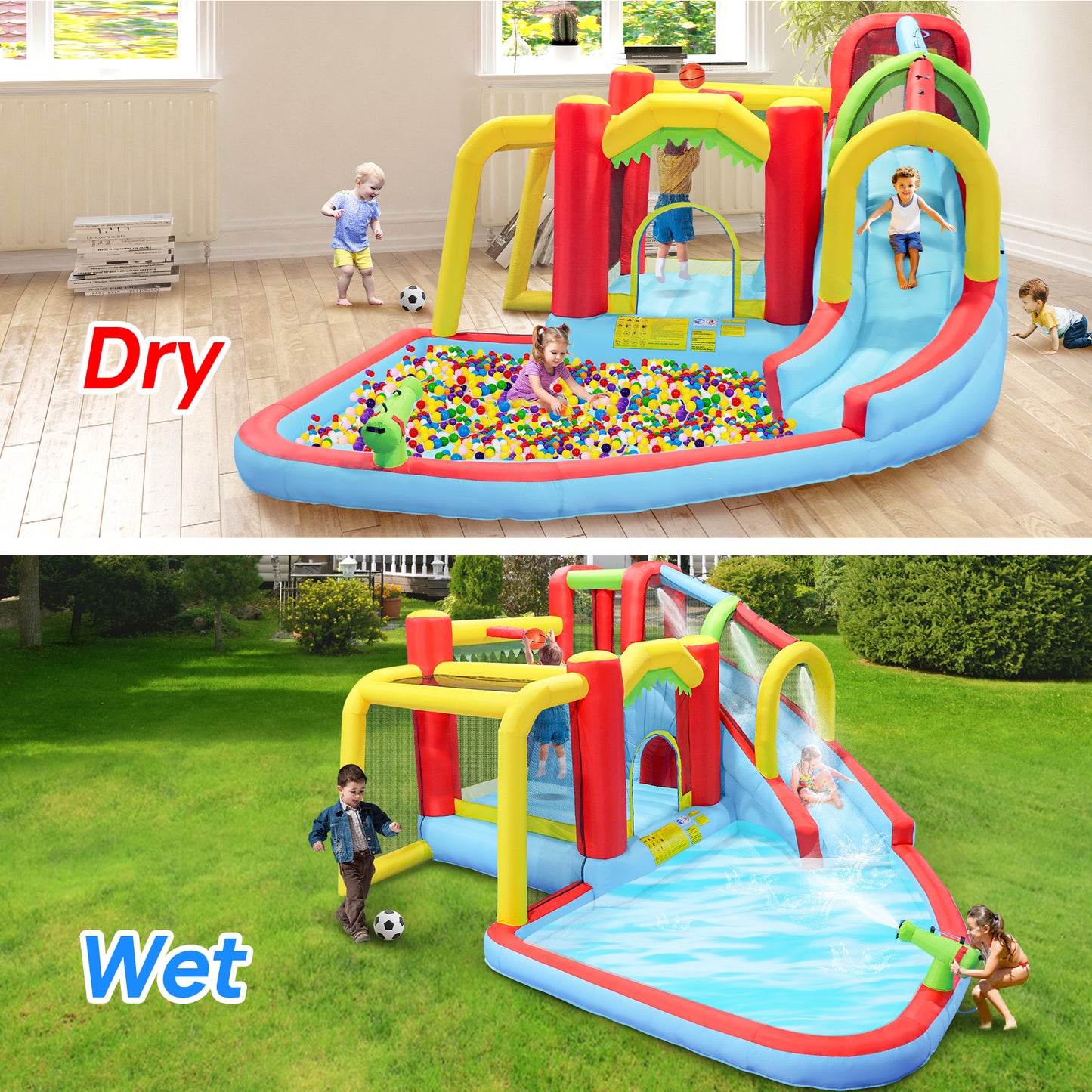 7 in1 Inflatable slide water park bouncing house outdoor Soccer garden bouncer with Splash pool & Water gun & Climbing wall & Basketball & Football image 5