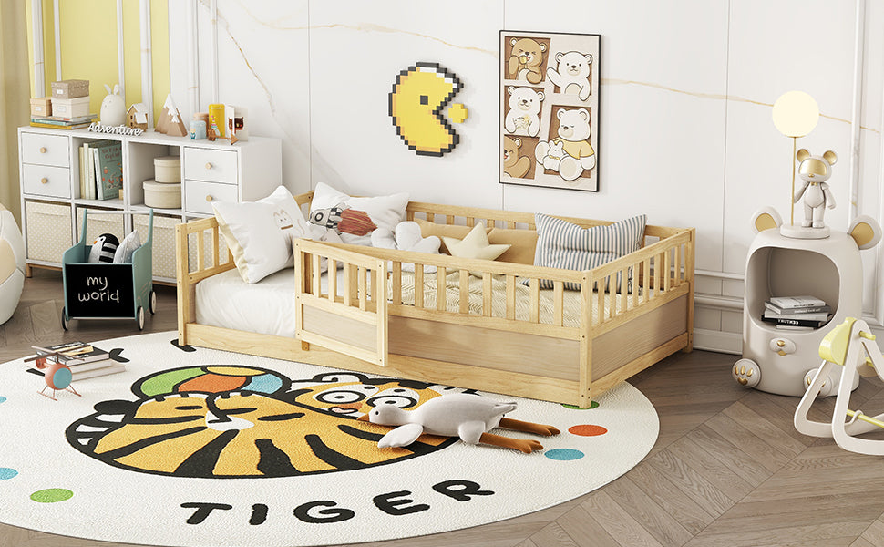 Twin Size Floor bed, integral construction with super high security barrier, door, children's floor bed frame, Montessori wooden children's floor bed, Support slat Natural Wood(Patented model) image 6