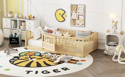 Twin Size Floor bed, integral construction with super high security barrier, door, children's floor bed frame, Montessori wooden children's floor bed, Support slat Natural Wood(Patented model) image 6