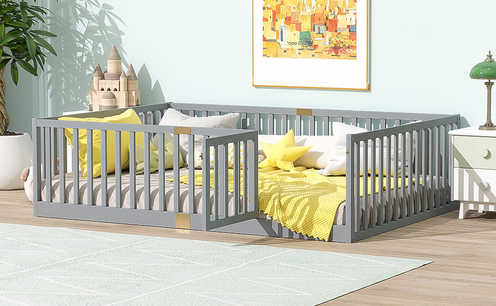Full Size Floor Bed with High Fence Railings, with Door,6 Slats Included, Rubber Wood Floor Bed with Safety Guardrails,Grey image 5