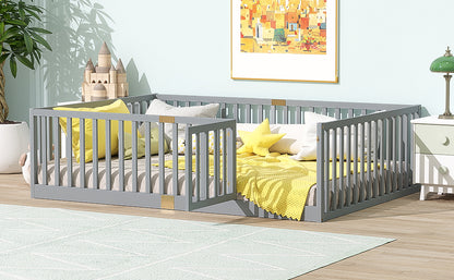 Full Size Floor Bed with High Fence Railings, with Door,6 Slats Included, Rubber Wood Floor Bed with Safety Guardrails,Grey image 5