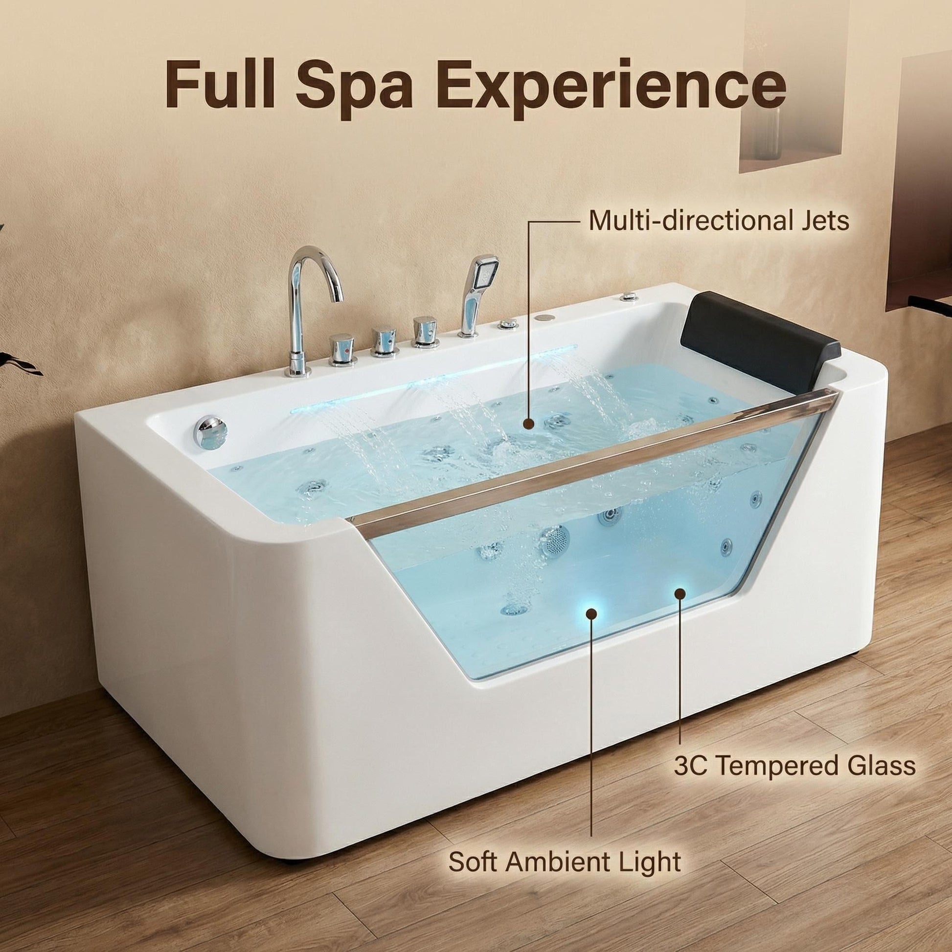 67" Whirlpool Bathtub,Hydrotherapy Jetted Bathtub with Glass Panel, 7 Jets,3-Side Apron,89 Gallons,White image 5