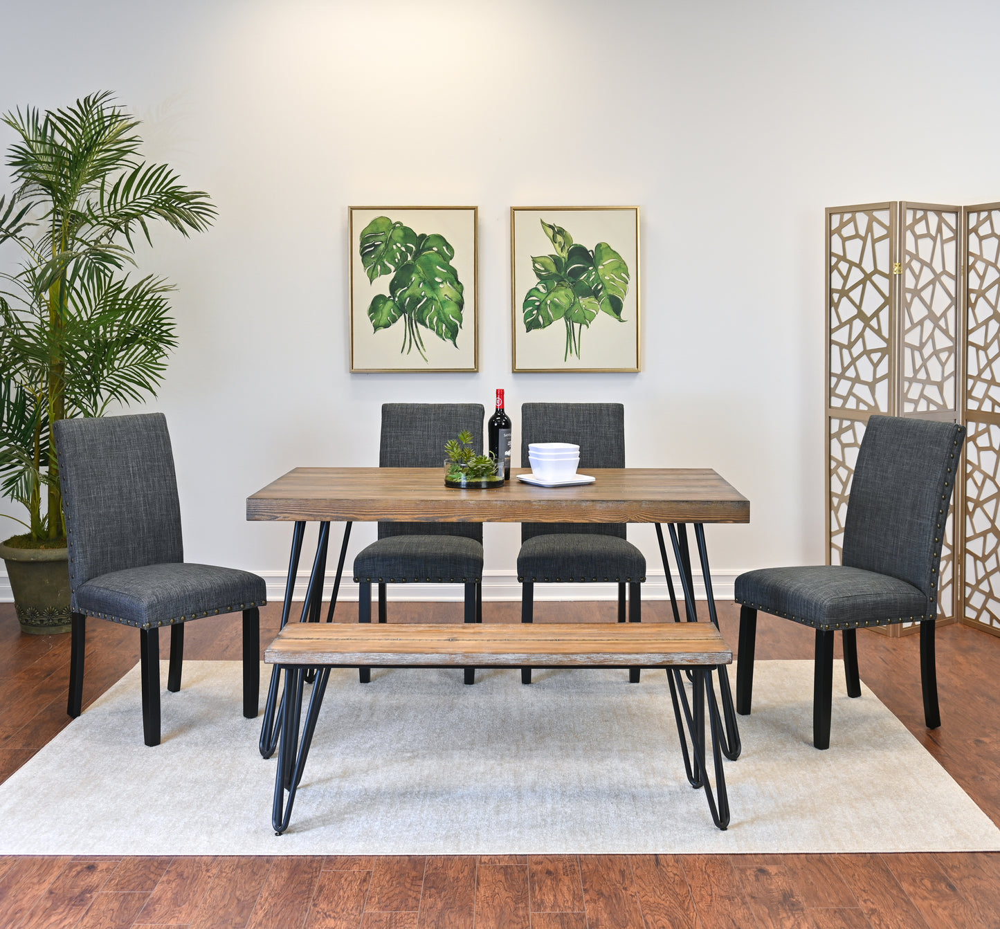 Amisos 6-Piece Dining Set, Hairpin Dining Table with 4 Chairs and a Wood Bench, 3 Color Options image 1