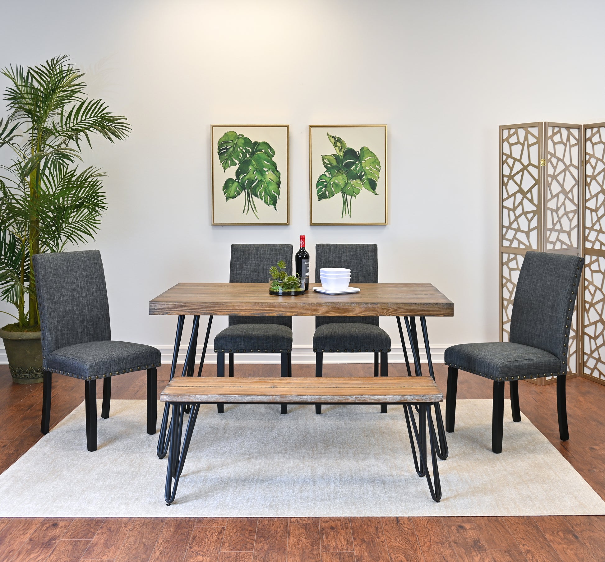 Amisos 6-Piece Dining Set, Hairpin Dining Table with 4 Chairs and a Wood Bench, 3 Color Options image 1