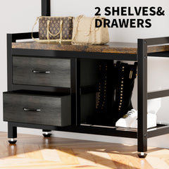 33.1" Wide Hall Tree with 2 Movable Drawers, Shoe Storage, Shelves and Garment Racks, 5-in-1 Entryway Bench with 23 Hooks (Fixed and Movable)