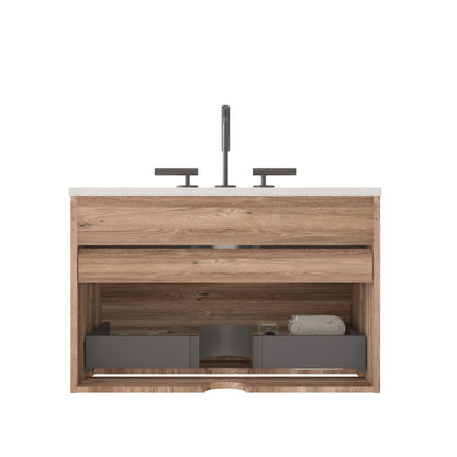 Gloria 30" Wall Mounted Rough Oak&Rough Oak Bathroom Vanity with Integrated Ceramic Sink with Overflow, with 3 holes, Large Storage Floating Bathroom Vanity for Modern Bathroom, KD image 10