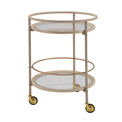 Round Bar Cart with Tempered Glass Shelves and Gold Accents,Distressed White Finish image 3