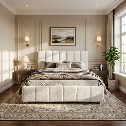 Queen Size Upholstered Bed Frame With Boucle Fabric And Thick Headboard, Off white image 1