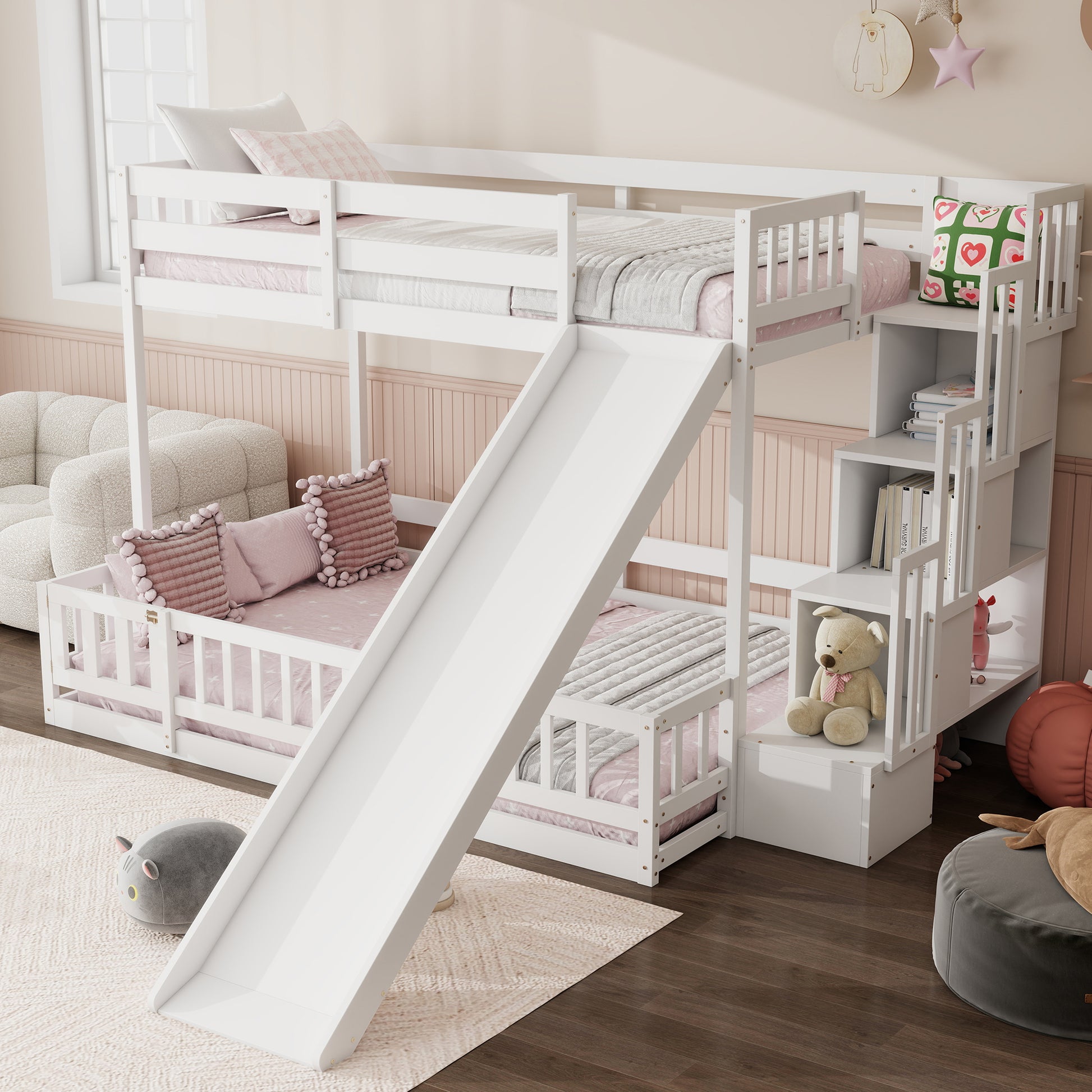 Twin Over Full Bunk Bed with Slide, Storage Staircase, Pine Solid Wooden Bunk Bed with Safety Guardrails,White (Old Sku W504S00185) image 4