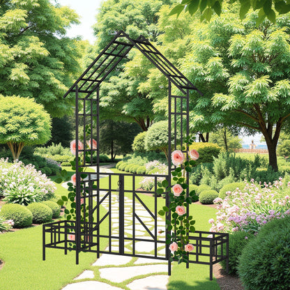 Metal Garden Arch with Gate with planter W80.71*H97.24 Climbing Plants Support Rose Arch Outdoor Black image 1
