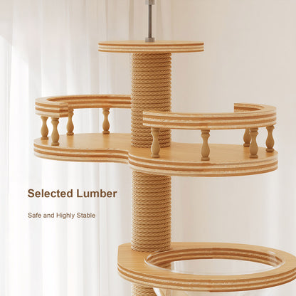 Adjustable Height Floor-to-Ceiling Cat Tree Made of MDF Board, Tall Cat Tower with Sisal Scratching Post, Bubble Window Perch, Ladder & Rotatable Toy Balls for Indoor Cats image 4