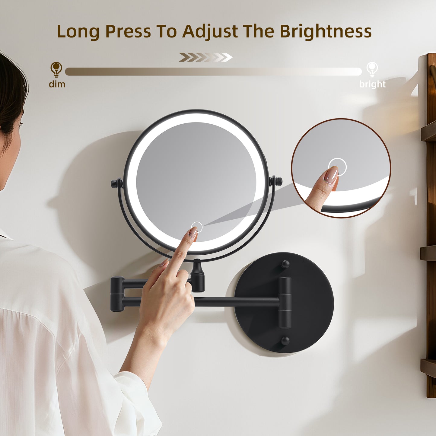 Rechargeable Wall Mounted Makeup Mirror 8'' Magnifying Mirror with Lights Double-Sided 1X/10 360° Rotation Extension Bathroom Shaving Mirror with Foldable Arm image 3