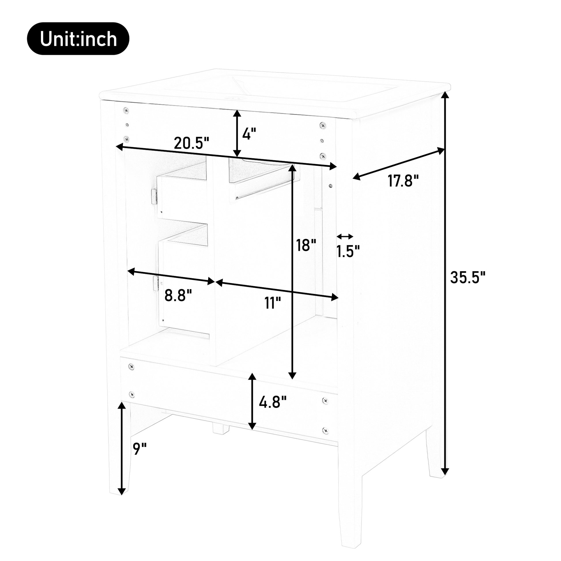 24 inch Bathroom Vanity with Sink, One Cabinet with Soft-closing Door, 3 Soft-closing Drawers, Retro Metal Handles, Black image 9