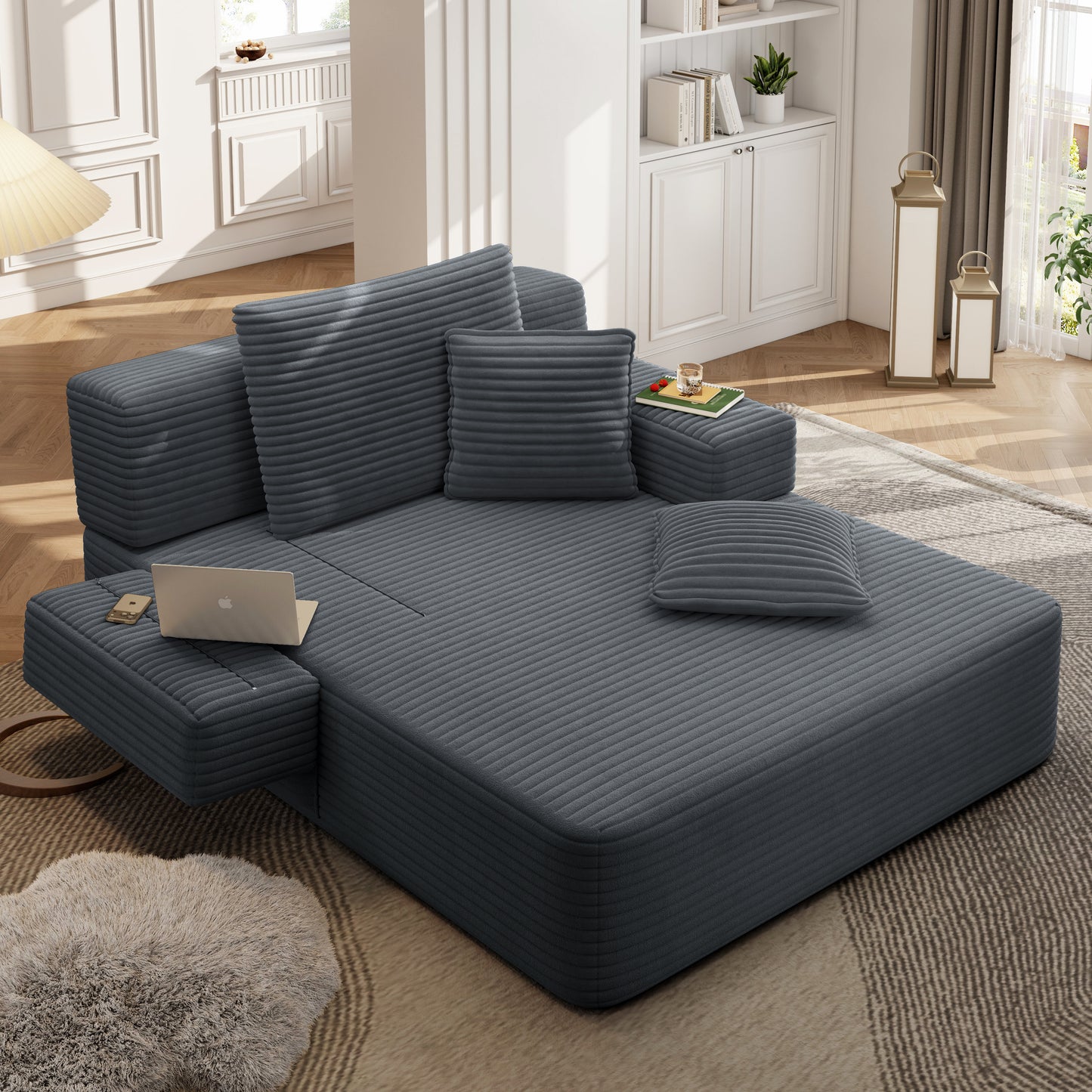 Luxurious Plush Corduroy Chaise Lounge with 3 Pillows, Convertible Sofa Bed with Storage Pocket, Frameless Design & Compression Foam for Small Spaces, Living Room, Apartment,Dark Gray image 7