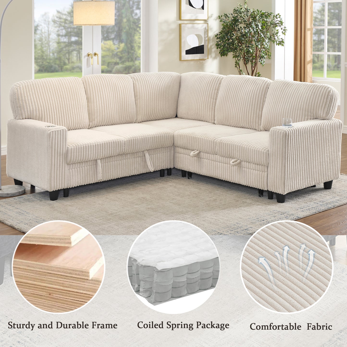 L-Shaped Sectional Sofa Bed with Pull-Out Bed & Storage, 5-Seat Sleeper Couch with USB Charging, Convertible Design for Living Room, Apartment, Corduroy Fabric, Beige image 5