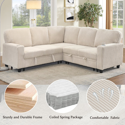 L-Shaped Sectional Sofa Bed with Pull-Out Bed & Storage, 5-Seat Sleeper Couch with USB Charging, Convertible Design for Living Room, Apartment, Corduroy Fabric, Beige image 5