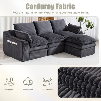 L Shaped Compressed Modular Sectional Sofa Modern Corduroy Upholstered Boneless Couches with Movable Footstool,With Three Pillows and Two Lumbar Pillows,Detachable Cloud Seat Cushions image 4