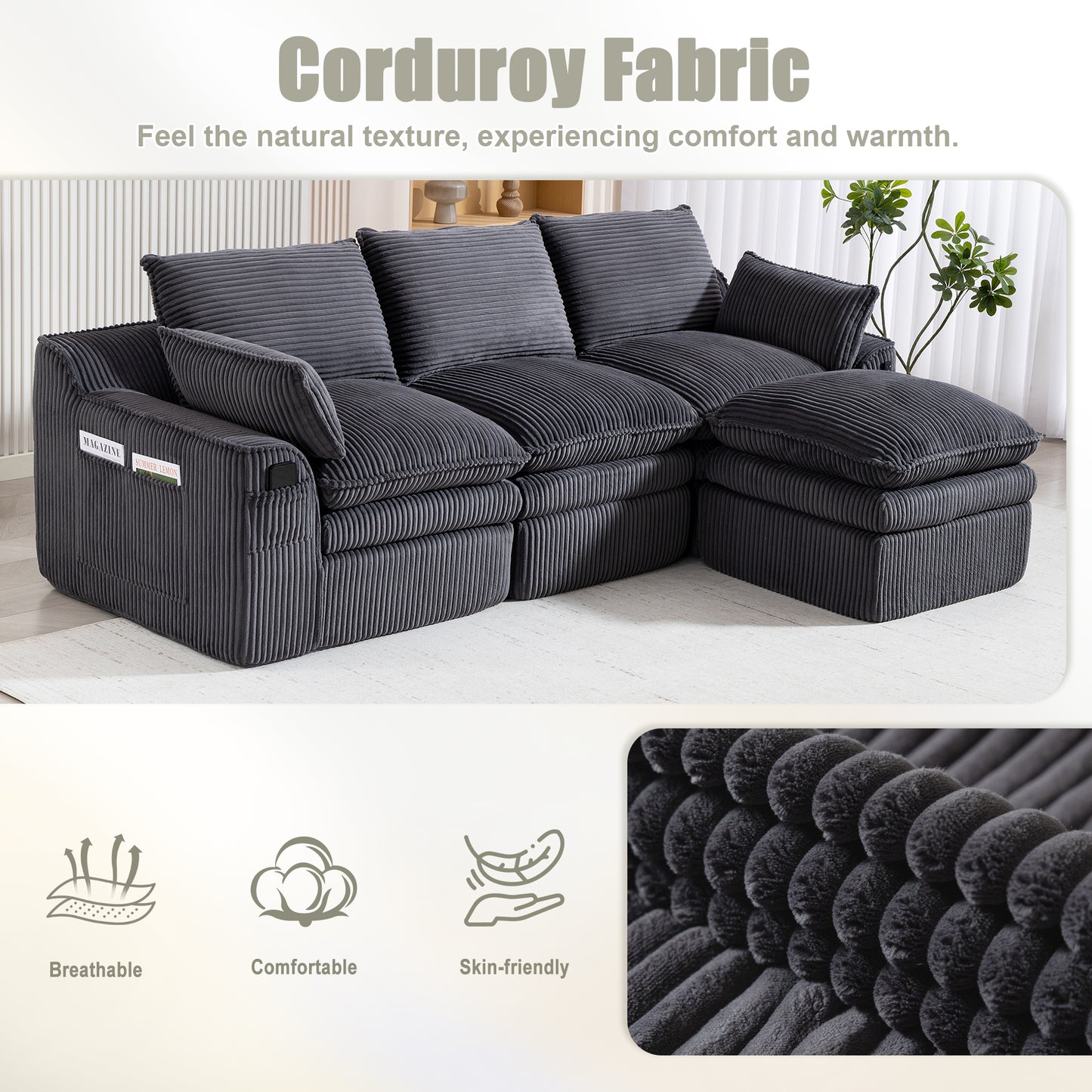 L Shaped Compressed Modular Sectional Sofa Modern Corduroy Upholstered Boneless Couches with Movable Footstool,With Three Pillows and Two Lumbar Pillows,Detachable Cloud Seat Cushions image 4