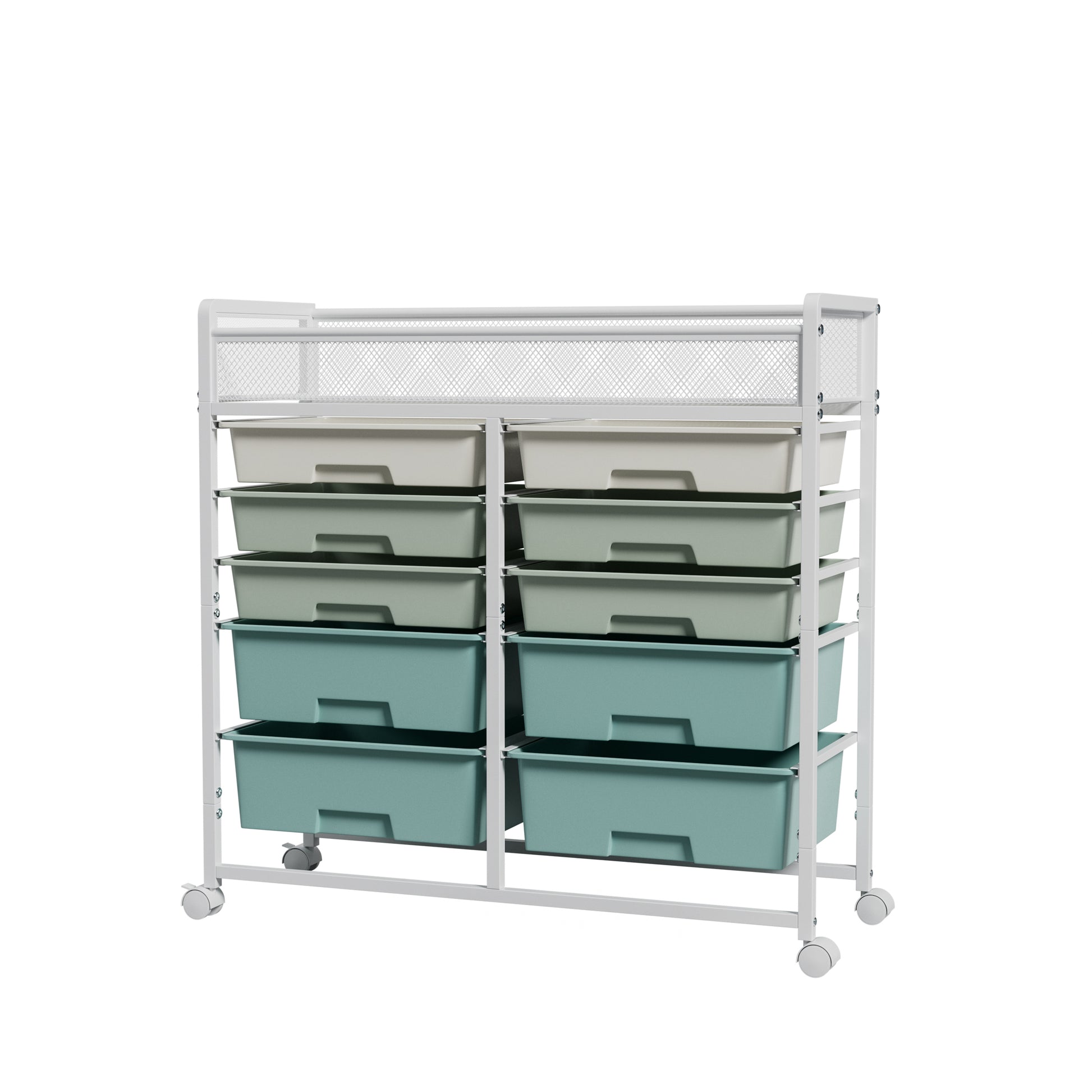 White Large Capacity 2-Row 10-Drawer Rolling Storage Cart, Metal Mesh Top Utility Organizer with Wheels, Multi-Layer Plastic Drawers for Kitchen, Bathroom, Bedroom, Office image 10