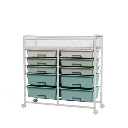 White Large Capacity 2-Row 10-Drawer Rolling Storage Cart, Metal Mesh Top Utility Organizer with Wheels, Multi-Layer Plastic Drawers for Kitchen, Bathroom, Bedroom, Office image 10