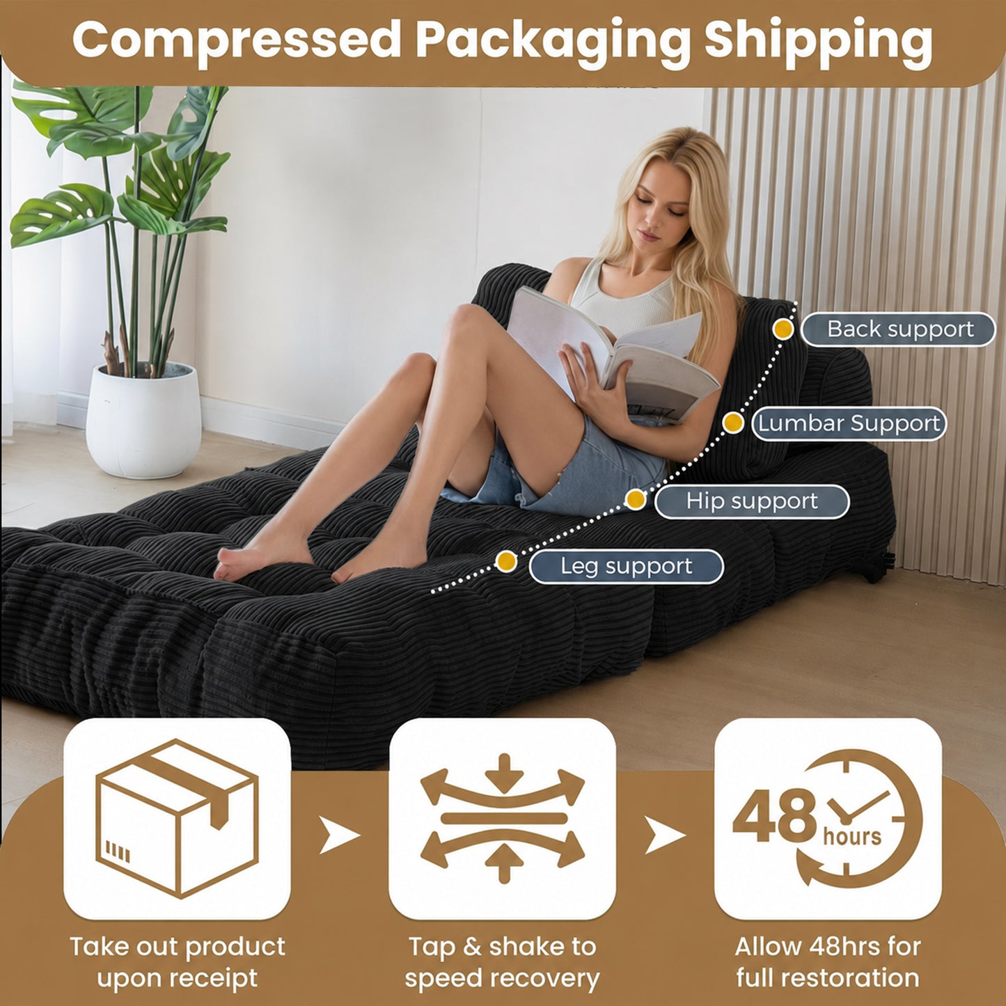 Folding single chair, adjustable and convertible sofa bed, comfortable fluffy lazy sofa in living room, bedroom, apartment, dormitory, black. image 2