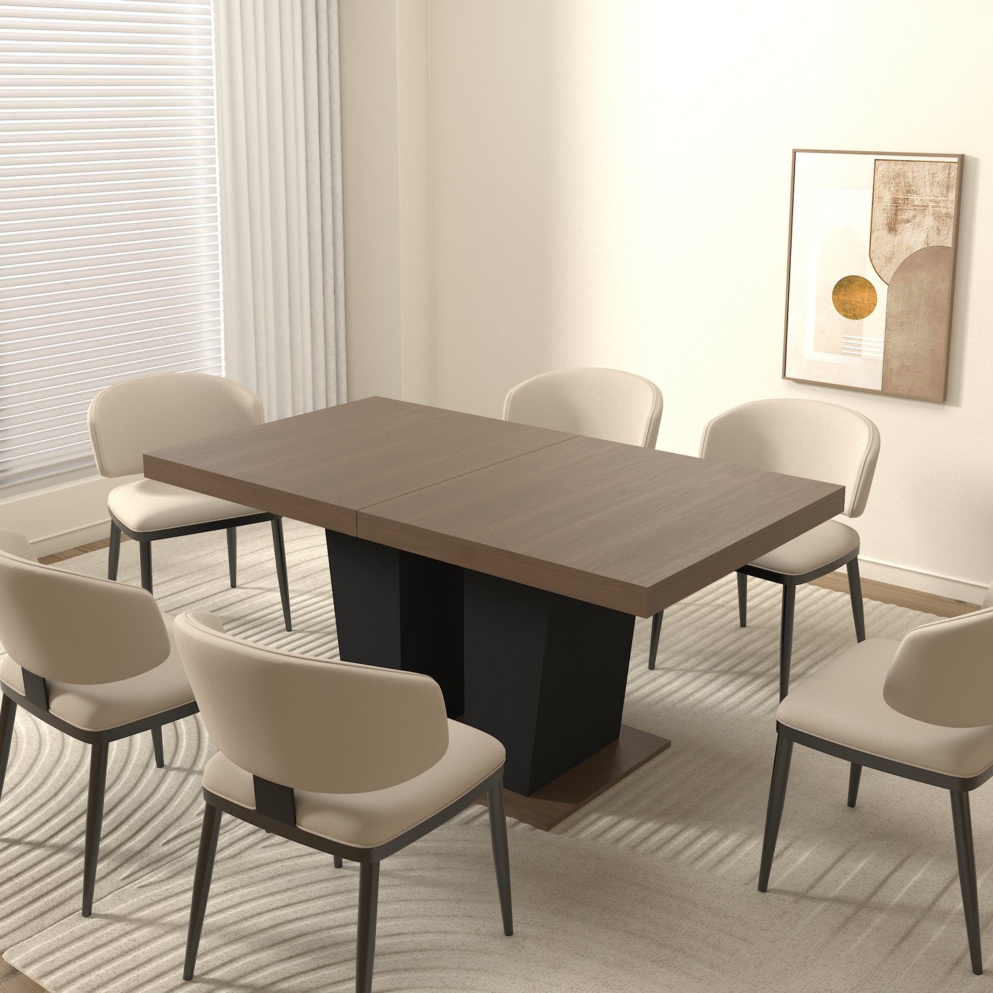 Extendable Dining Room Table for 4-10 People,Wooden Transformer Kitchen Dining Table with Black Double Sturdy Pedestal Base, Modern Expandable Large Table image 5