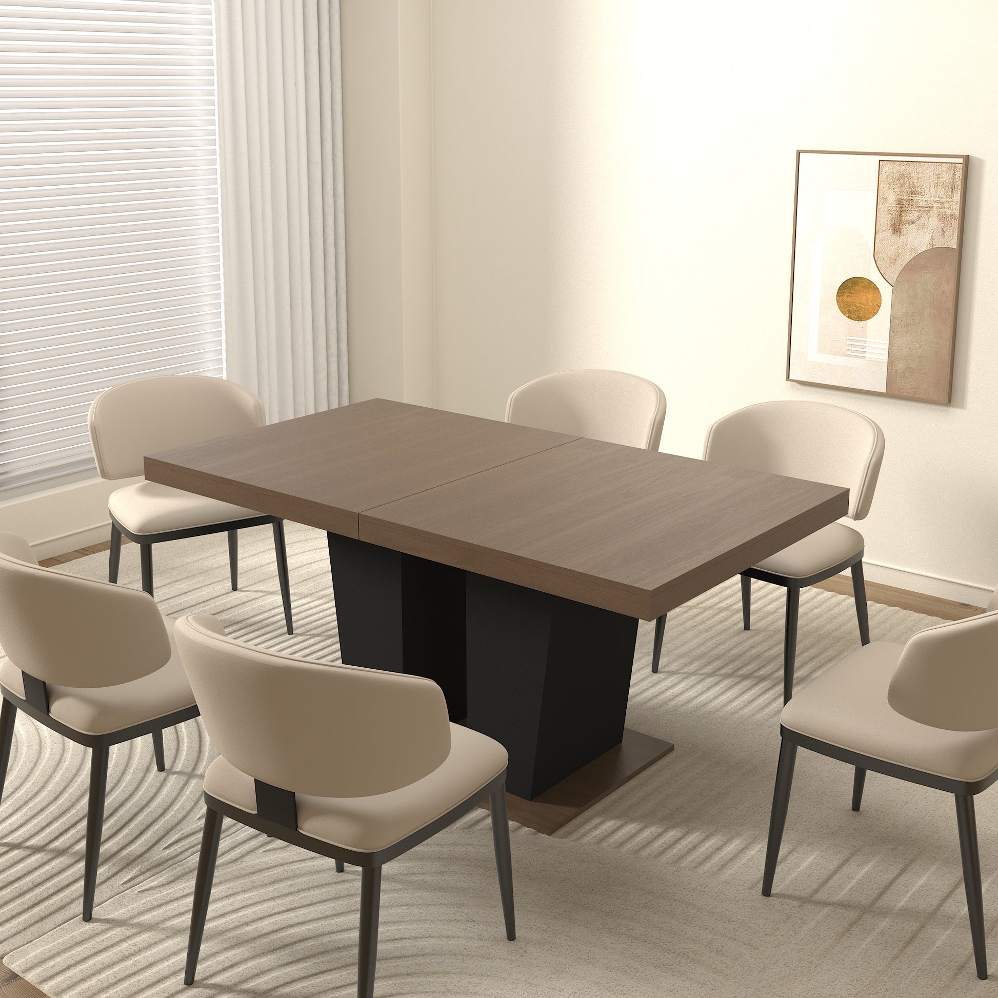 Extendable Dining Room Table for 4-10 People,Wooden Transformer Kitchen Dining Table with Black Double Sturdy Pedestal Base, Modern Expandable Large Table image 5