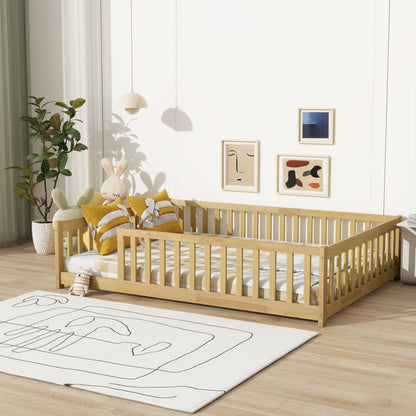 Full Size Floor Bed with Fence without Door,Rubber Wood Floor Bed with Safety Guardrails,Natural image 12