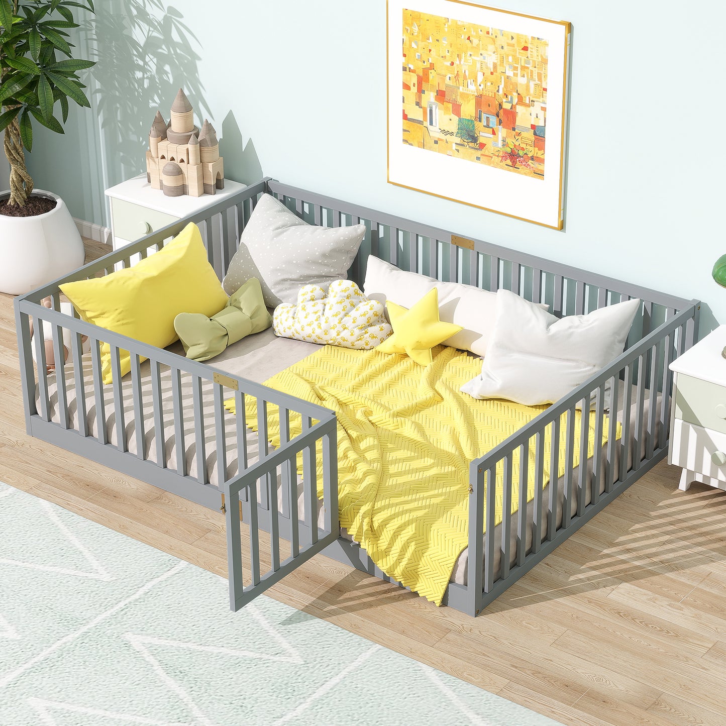 Full Size Floor Bed with High Fence Railings, with Door,6 Slats Included, Rubber Wood Floor Bed with Safety Guardrails,Grey image 1