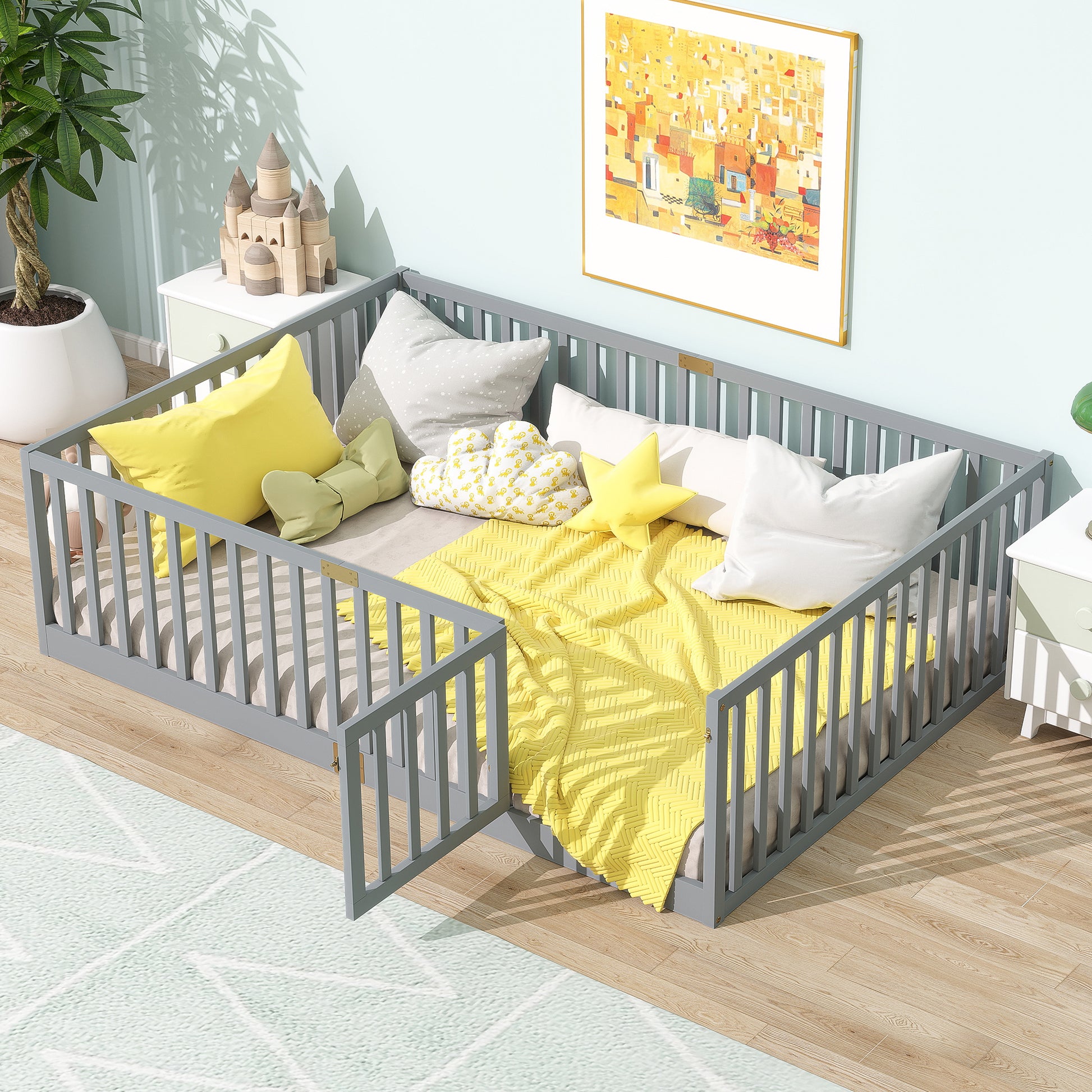 Full Size Floor Bed with High Fence Railings, with Door,6 Slats Included, Rubber Wood Floor Bed with Safety Guardrails,Grey image 1