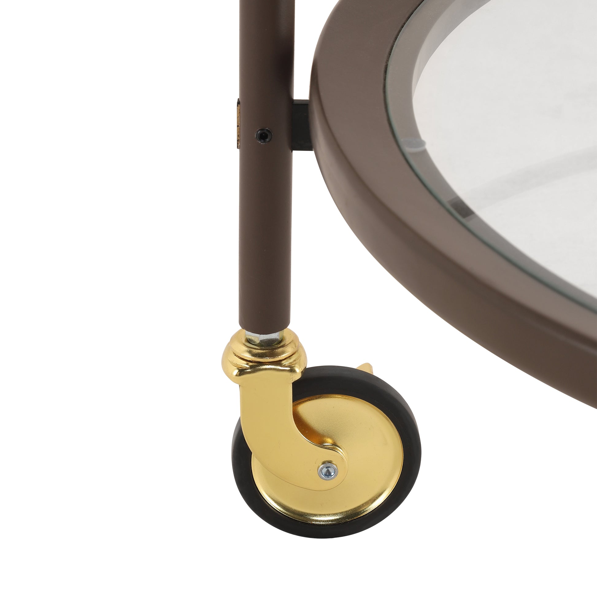 Modern Coffee Brown Round Bar Cart with Tempered Glass Shelves and Gold Locking Casters image 10