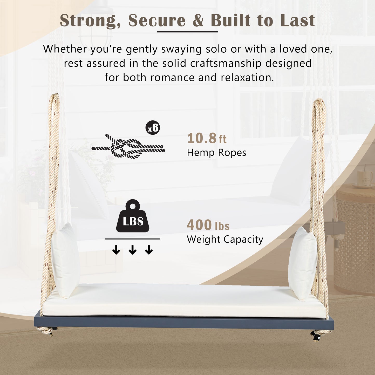 TOPMAX Patio Wooden Swing Chair, Hanging Porch Swing Bench with Cushion&Pillows, 10.8Ft Hemp Ropes for Garden,Backyard, Lawn,Gray image 7