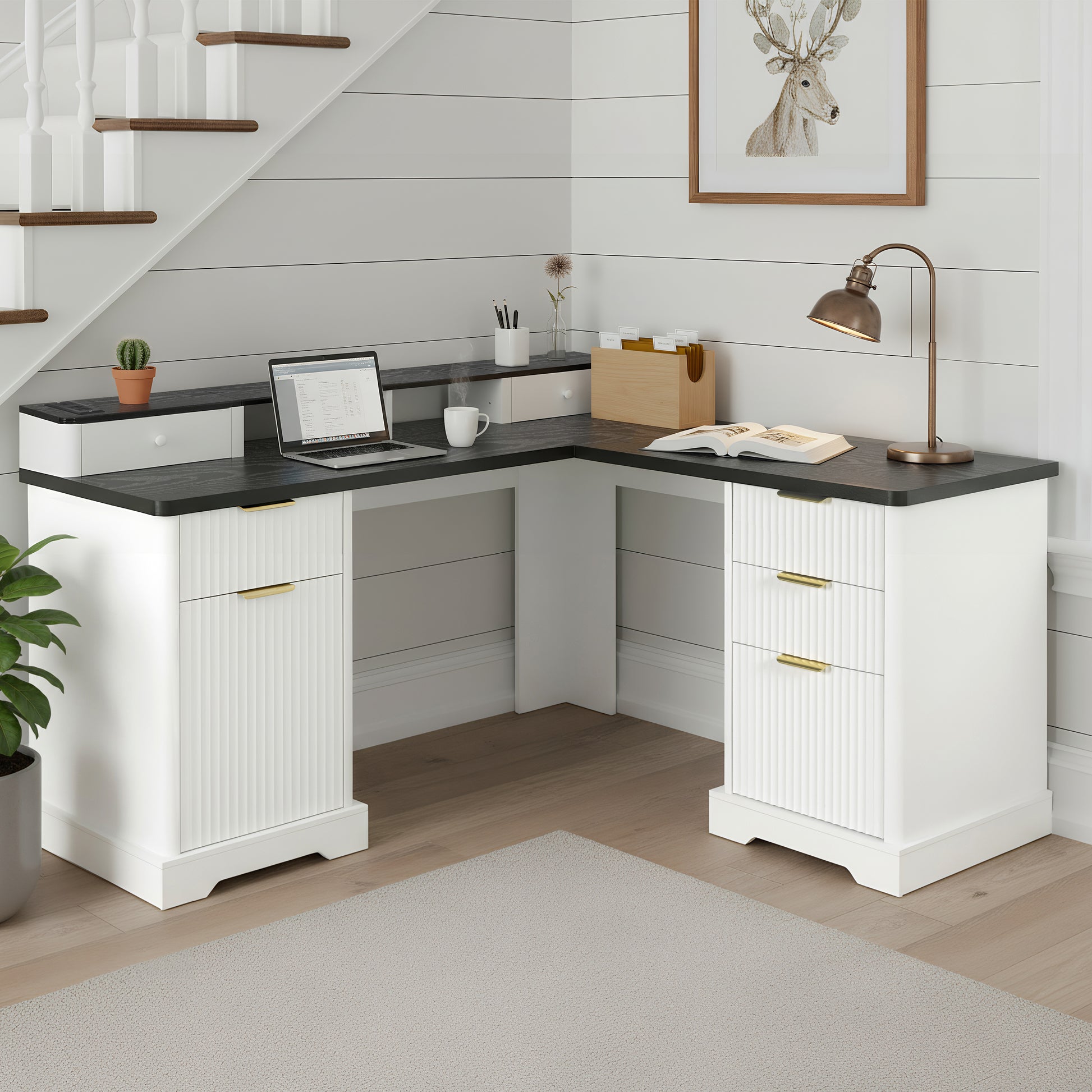 59" Modern Fluted L-Shaped Desk with Charging Station & Storage Cabinet - Home Office Computer Desk with Monitor Stand, File Drawer and Removable Support Shelf for Study, Home Office, White image 1