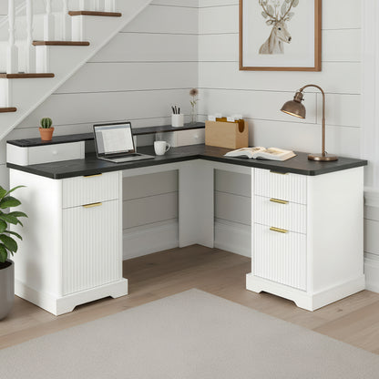 59" Modern Fluted L-Shaped Desk with Charging Station & Storage Cabinet - Home Office Computer Desk with Monitor Stand, File Drawer and Removable Support Shelf for Study, Home Office, White image 1