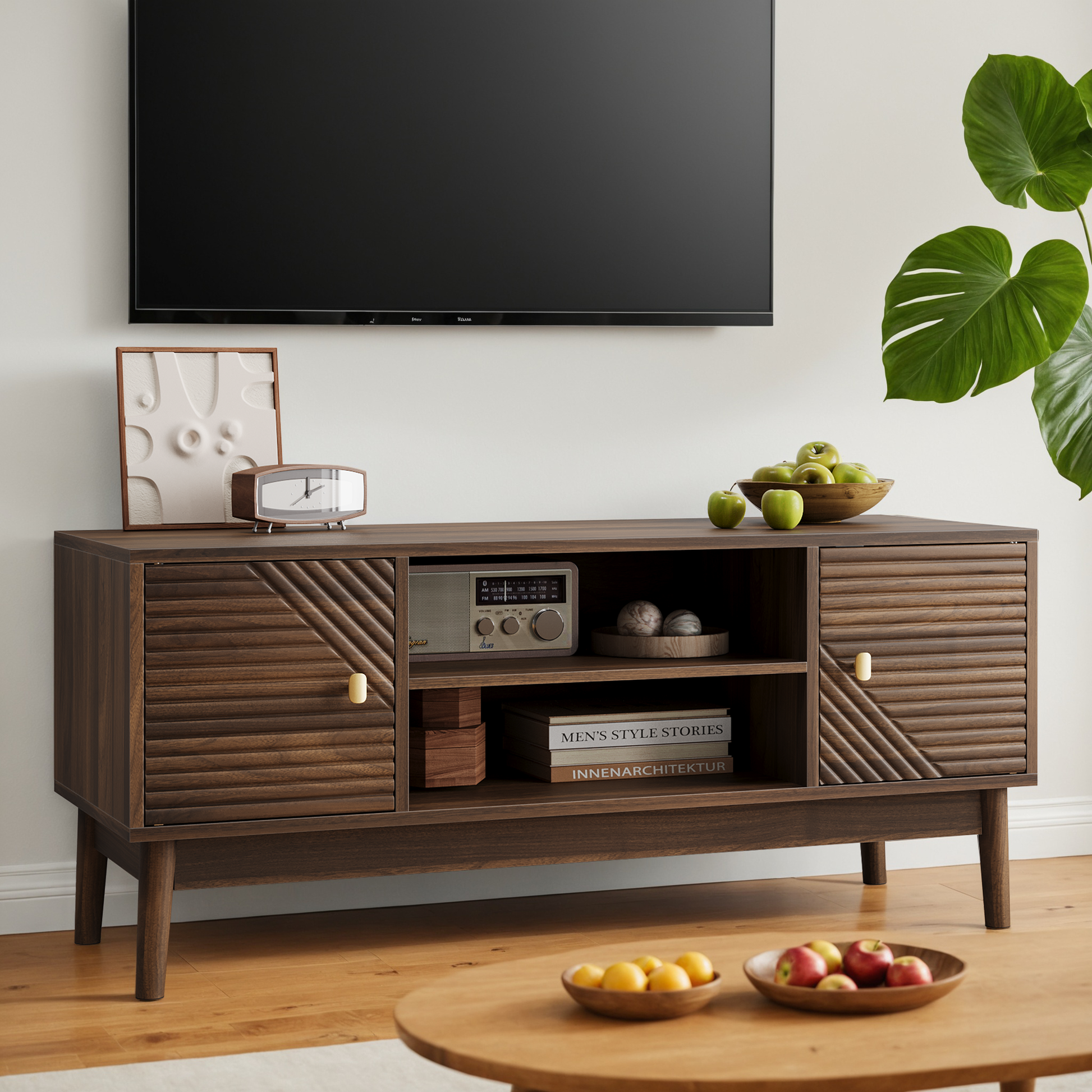 43.31 inch TV Stand, Mid-Century Modern TV Stand for 32/45 inch TV, Entertainment Center with Storage, Media Console Table for Living Room and Bedroom, Walnut image 9
