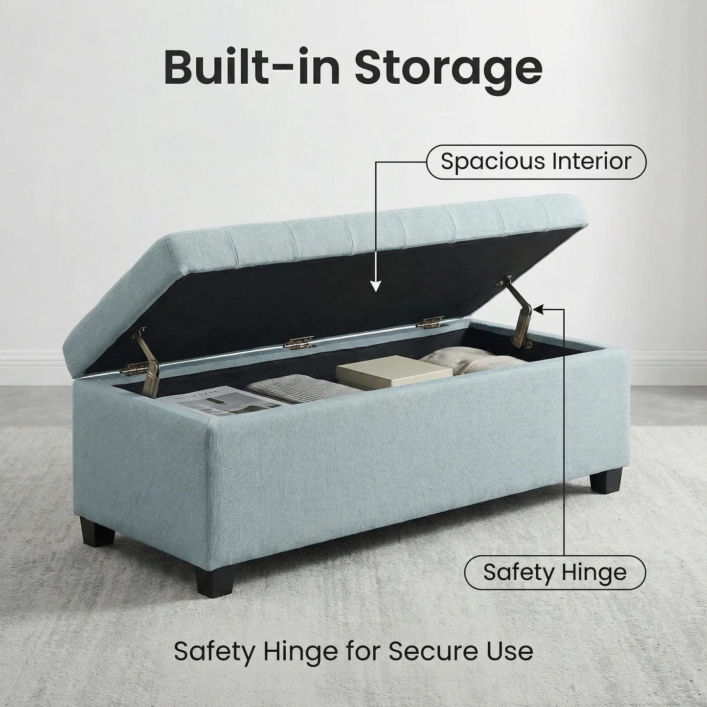 Storage Ottoman, Storage Bench, Tufted Entryway Bedroom Bench, 49.75Inches, Hinges Easy Lid Operation, Wooden Legs, Polyester fabric, Loads 300 lb,Baby Blue image 5