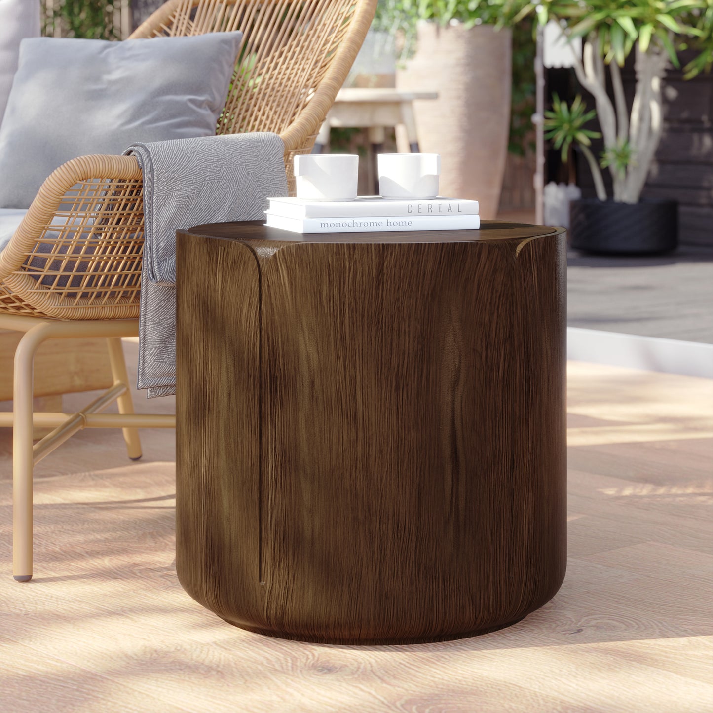 19.29"H Round Outdoor Indoor Side Table, Modern Wood Grain Patio Garden Stool, Sturdy MGO (Magnesium Oxide) Waterproof, No-Assembly Table for Patio, Garden, Backyard, Living Room (Brown) image 4
