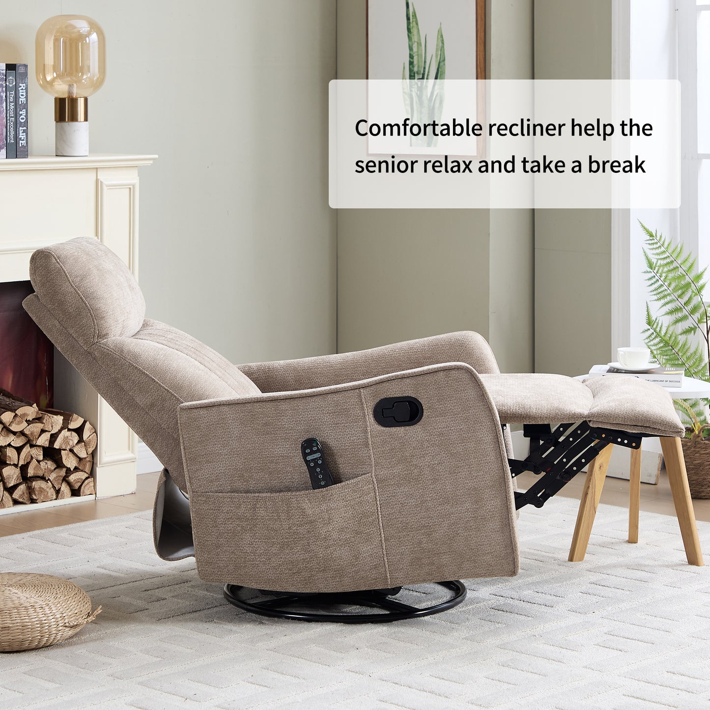 Khaki Heat Massage Manual Recliner Chair with Rocker and Swivel in Fabric for Living Room image 11
