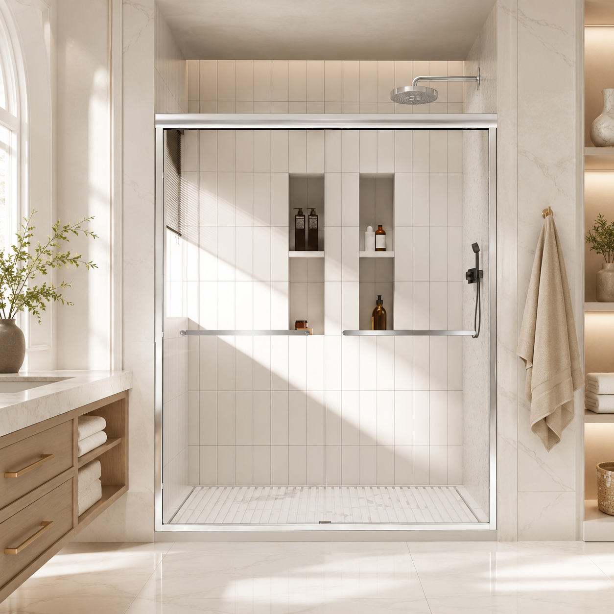 56-60" W x 72" H Framed Double Sliding Shower Door, 1/4" (6mm) Clear Tempered Glass with Safety Film and Nano Coating, Waterproof Seals, Chrome image 1