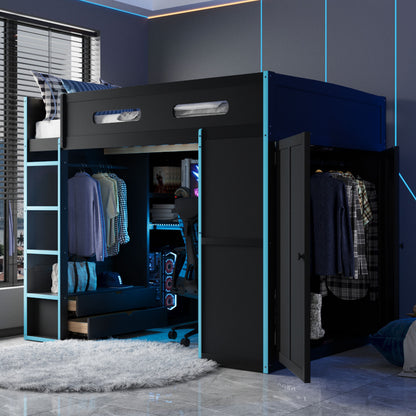 Full Size Wood Loft Bed with Desk,Wardrobe,Ample Storage Space,and RGB Light, Cloud Blue(OLD SKU:LT000261AAC) image 2