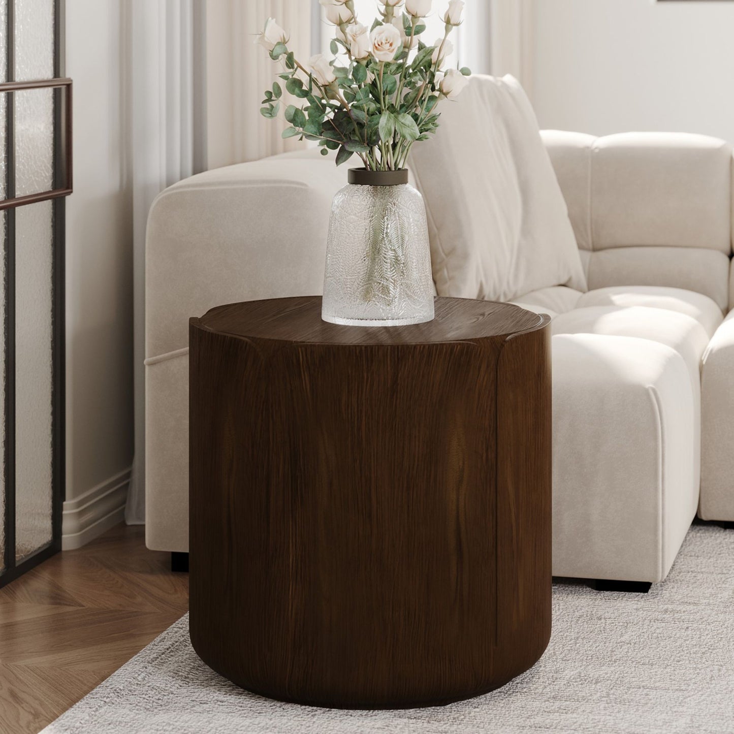 19.29"H Round Outdoor Indoor Side Table, Modern Wood Grain Patio Garden Stool, Sturdy MGO (Magnesium Oxide) Waterproof, No-Assembly Table for Patio, Garden, Backyard, Living Room (Brown) image 1
