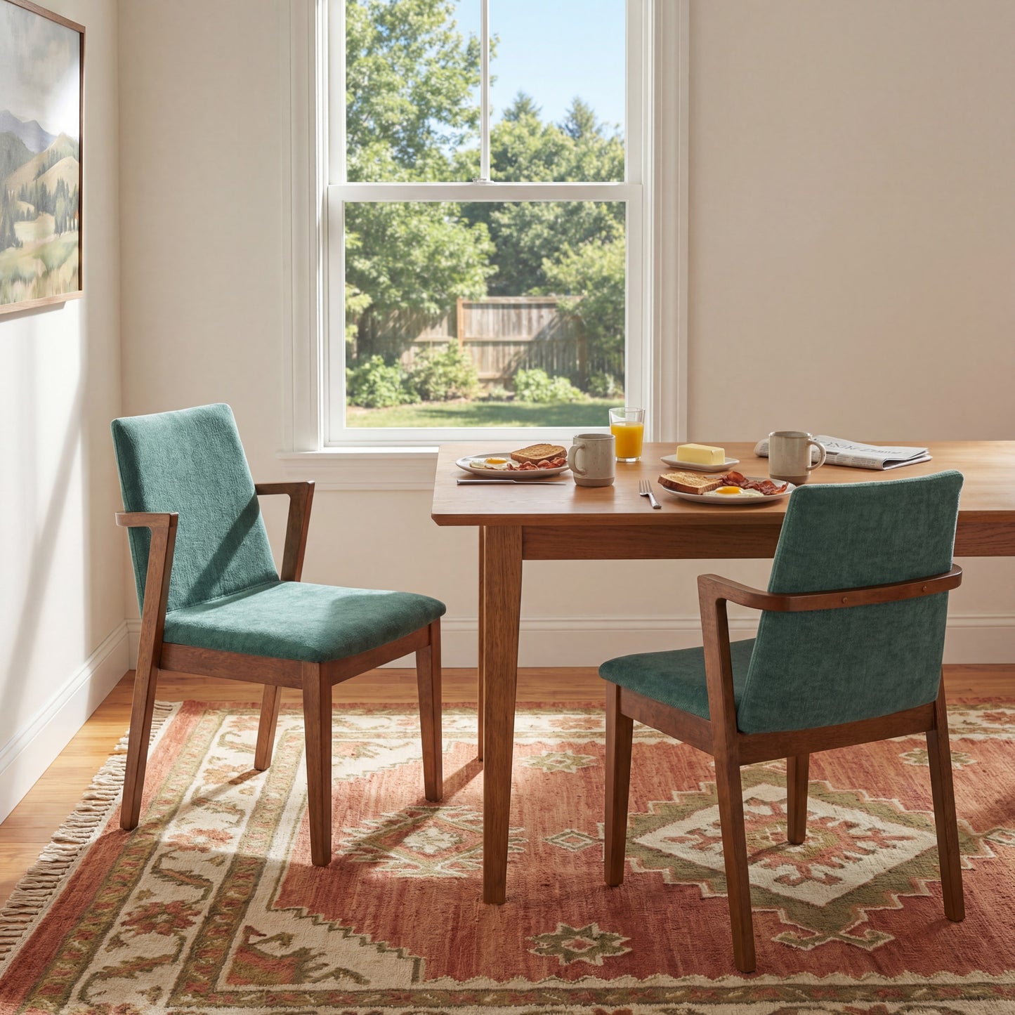 Mid-Century Modern Dining Chairs Set of 2 - Green Fabric Upholstered Armchairs with Walnut Color Rubber Wood Frame, 250lbs Capacity for Kitchen & Dining Room image 1