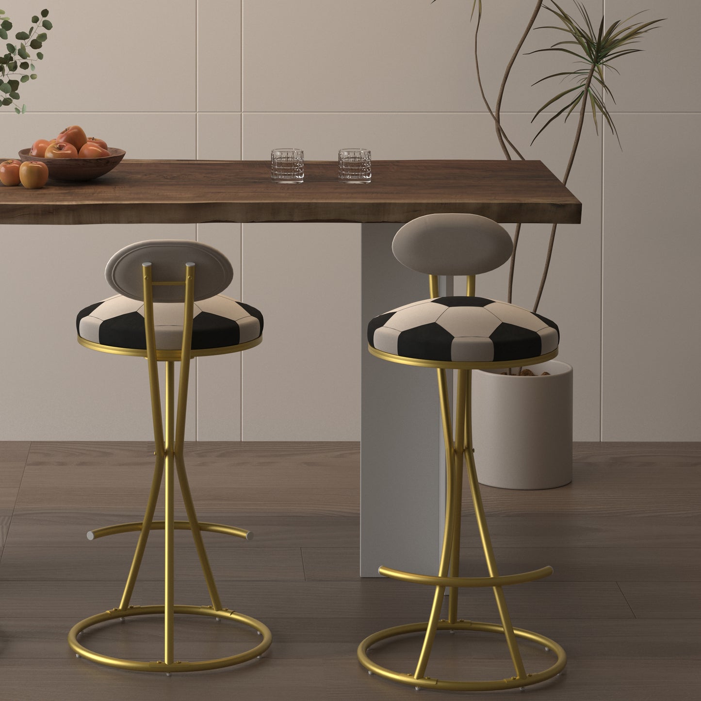 Football Print Bar Stools Set of 2 Upholstered Counter Height Barstool for Kitchen Island S-shaped Velvet Metal Dining Chairs (Gold Frame & Creamy White Back) image 5