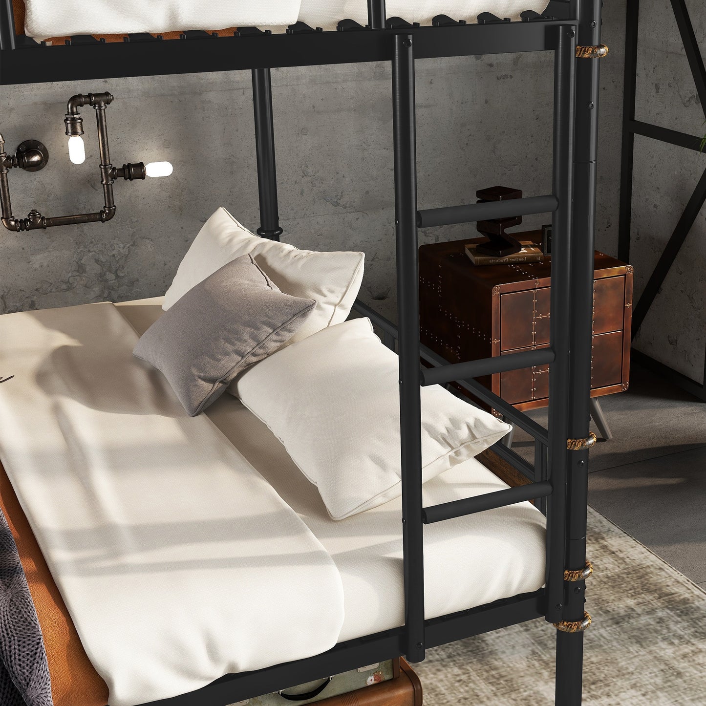 Queen over Queen Metal Bunk Bed, Industrial Detachable Bunkbeds with Safety Guard Rails for Teens, Black(Old SKU W2580S00019) image 6