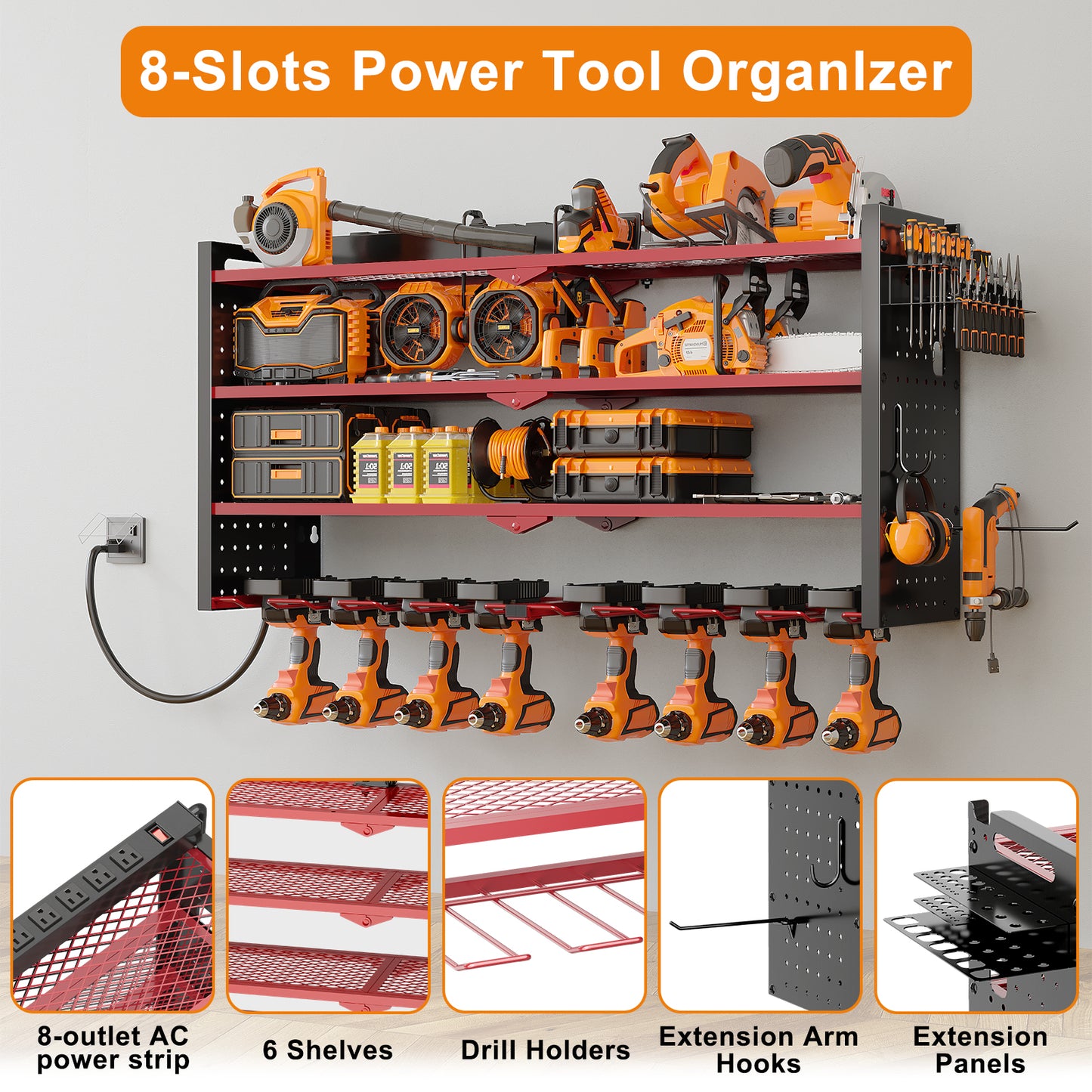 33 inches Modular Wall-Mounted Power Tool Organizer with Charging Station Heavy-Duty Drill Rack with Hooks and 8-Outlet Holder in Red image 4