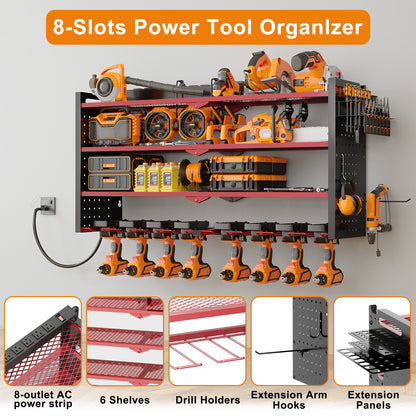 33 inches Modular Wall-Mounted Power Tool Organizer with Charging Station Heavy-Duty Drill Rack with Hooks and 8-Outlet Holder in Red image 4