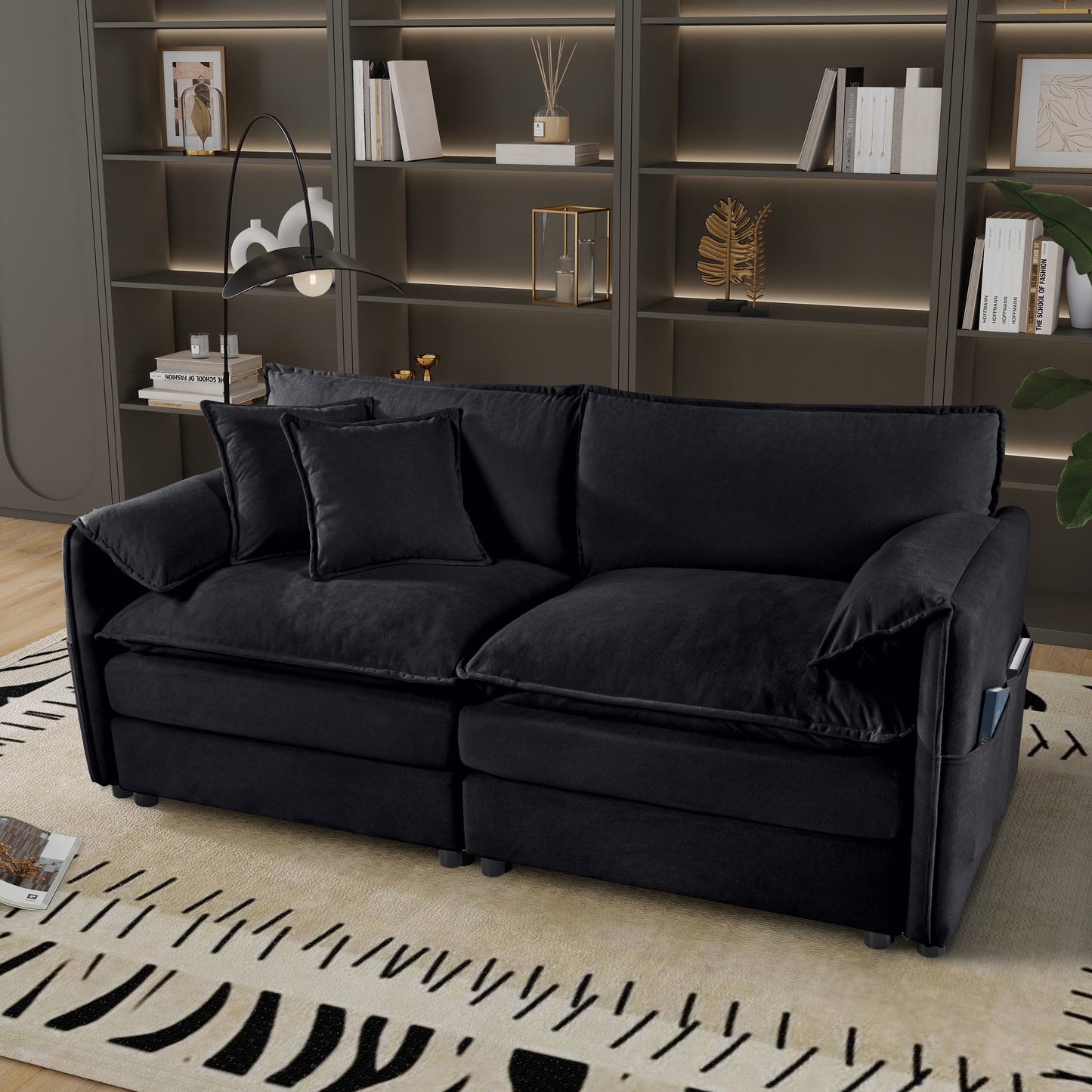 (Old:W3163S00006) Oversized Chenille Loveseat Sofa, Oversized 2-Seater Small Cloud Couch, Modern Comfy Deep Seat Love Seat for Living Room Bedroom Office Apartment,DIY Combination,Chenille,Black image 1
