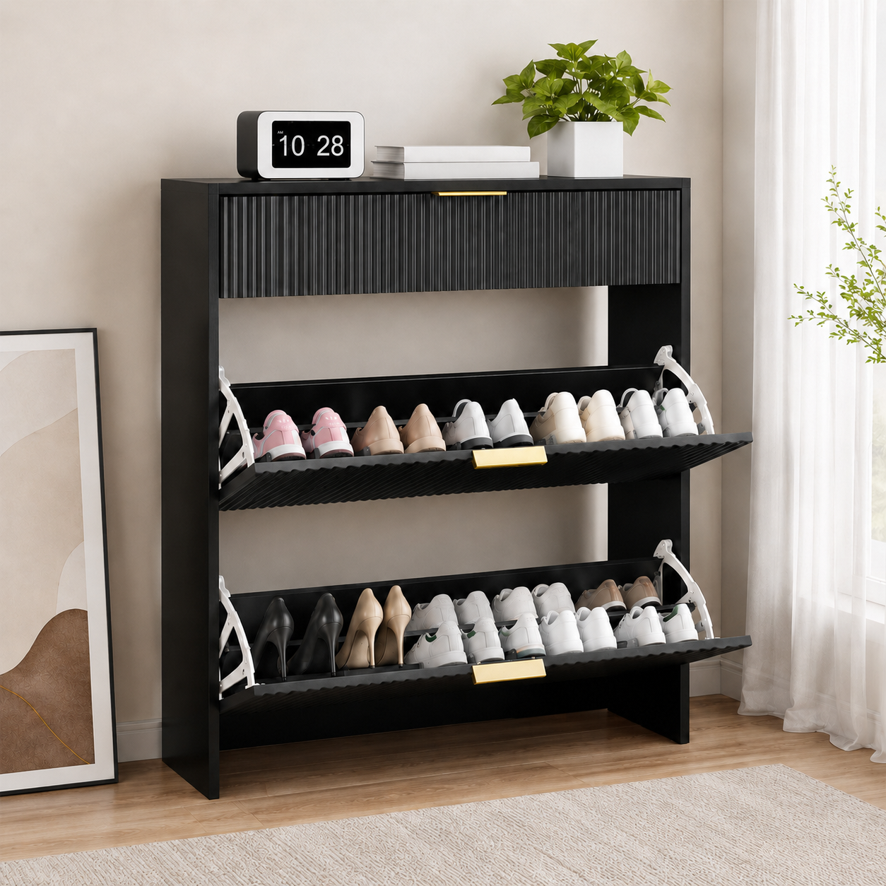 Narrow Fluted Shoe Storage Cabinet for Entryway, Freestanding Drawer Shoe Rack with Gold Pull Handles, Modern Slim Shoe Organizer Cabinet for Hallway Bedroom Closet, Black image 4